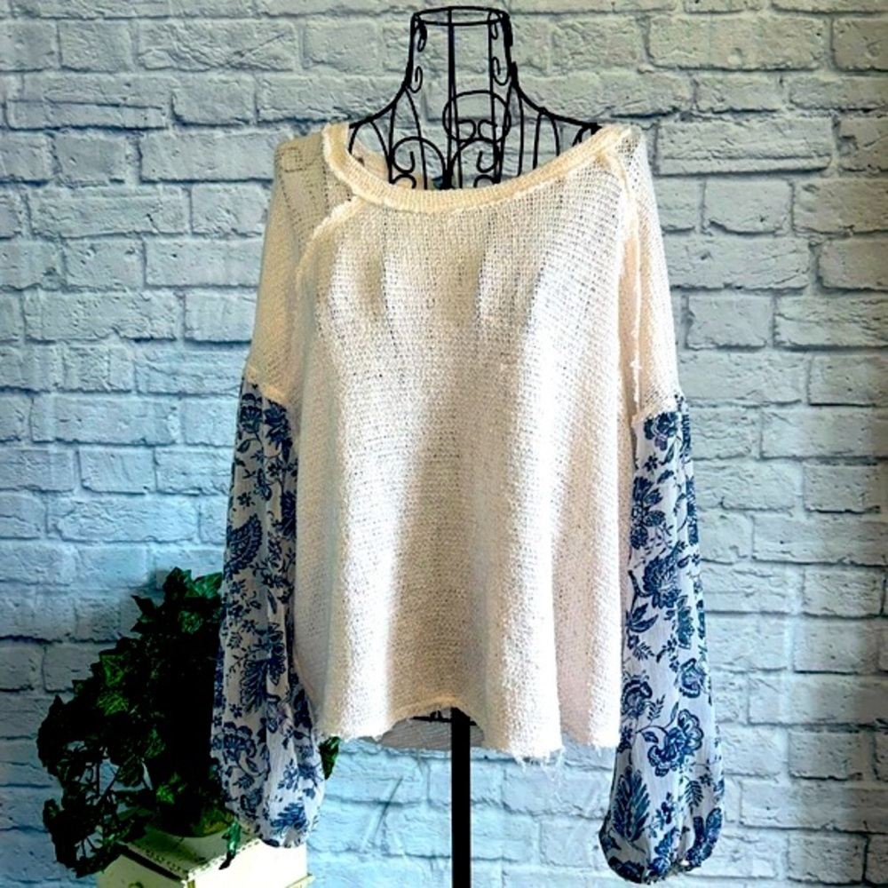 Blue Rain oversized mixed media pull over long sleeve flowy top
